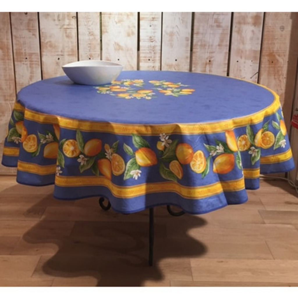 Round Tablecloth Cotton Blue Lemon 70, 70 Round Tablecloth