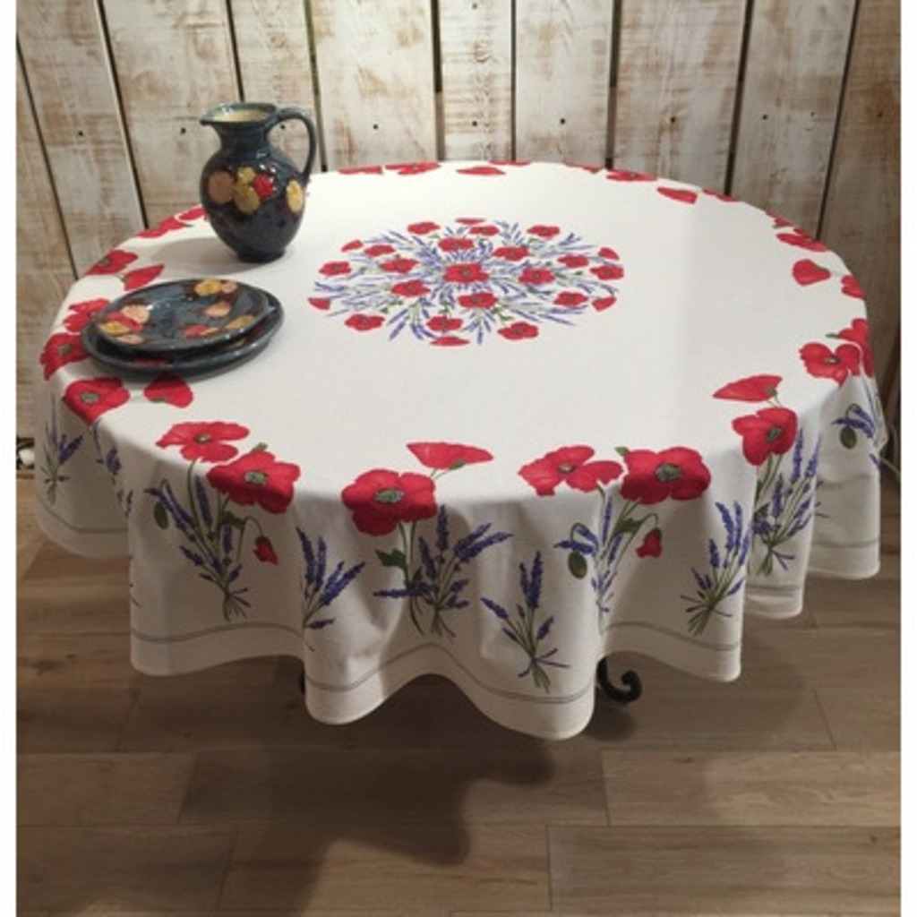 Round Tablecloth Cotton White Poppies, How To Make 70 Inch Round Tablecloth