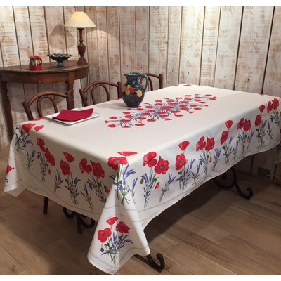 TABLECLOTH WHITE POPPIES AND LAVANDER COTTON
